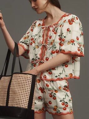 MAEVE Anthropologie “Veggie Bloom” Tie-Front Blouse Cotton Tomato Print 🍅 XL